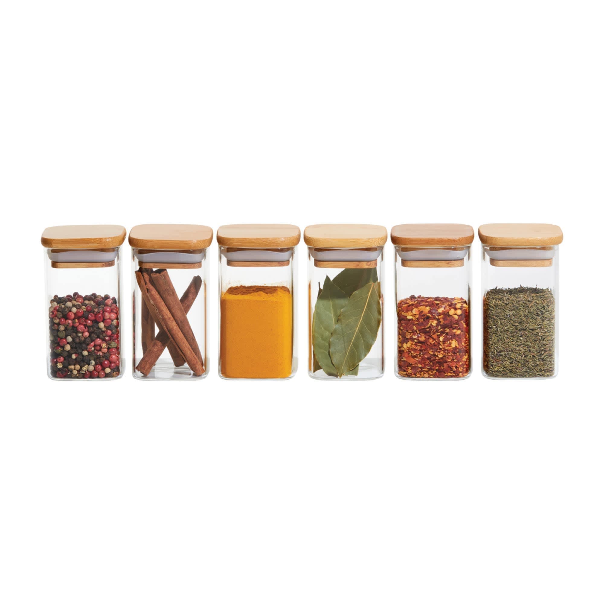 Kitchen Pro Eco Square Glass Spice Canister with Bamboo Lid 140mL Set of 6 Kitchen Warehouse